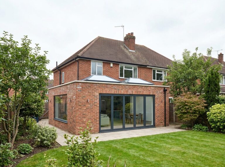 Single-storey brick rear extension with two roof lanterns and bi-fold doors