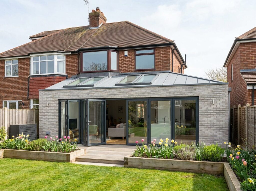 Grey brick rear extension with zinc standing-seam roof