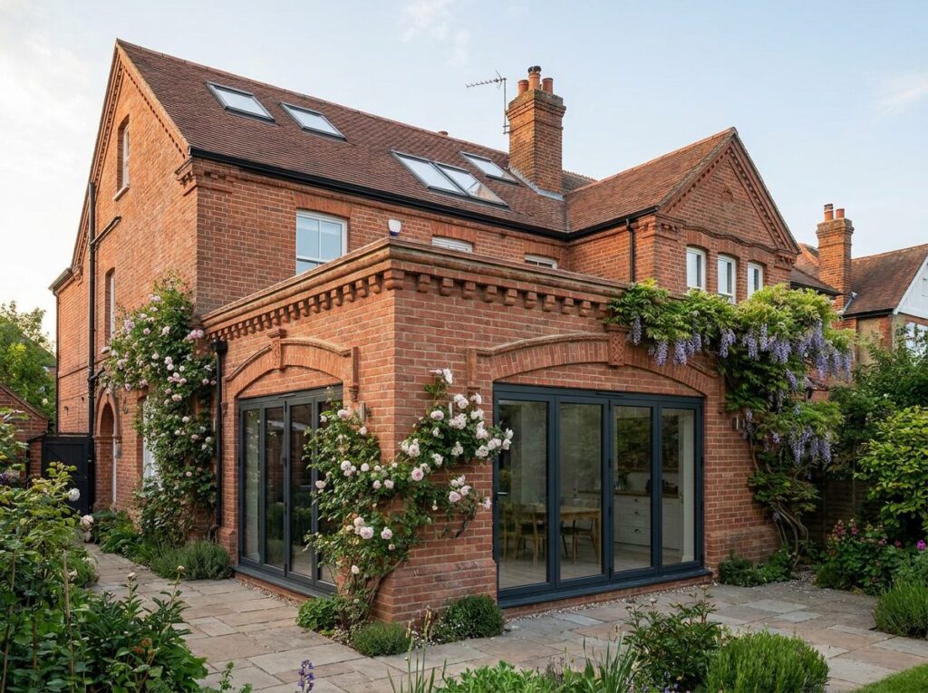Period-style brick wrap-around extension with arched detailing and bi-fold doors