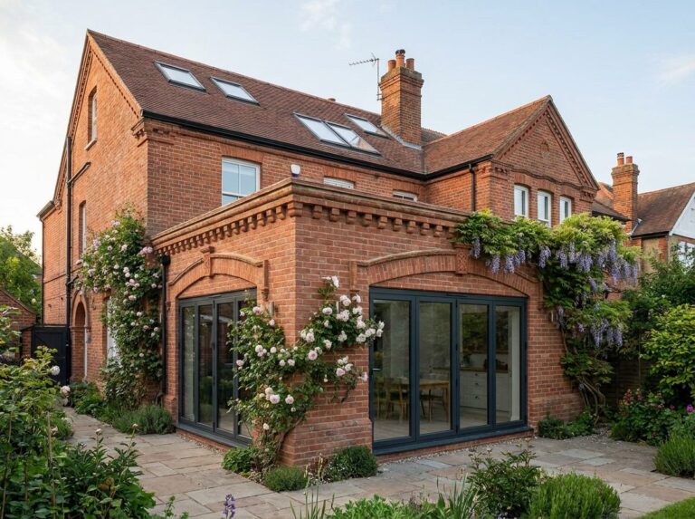 Period-style brick wrap-around extension with arched detailing and bi-fold doors