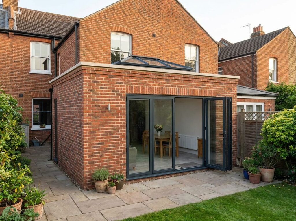 Red brick single-storey rear extension with grey bi-fold doors
