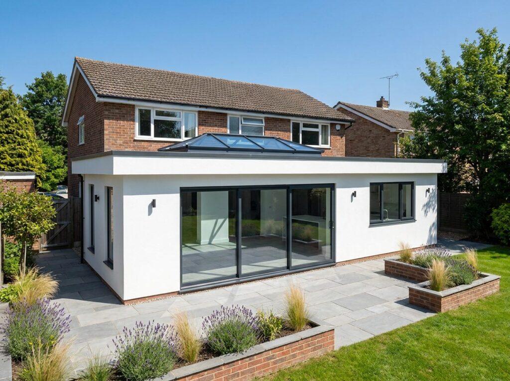 Rendered single-storey rear extension with roof lantern