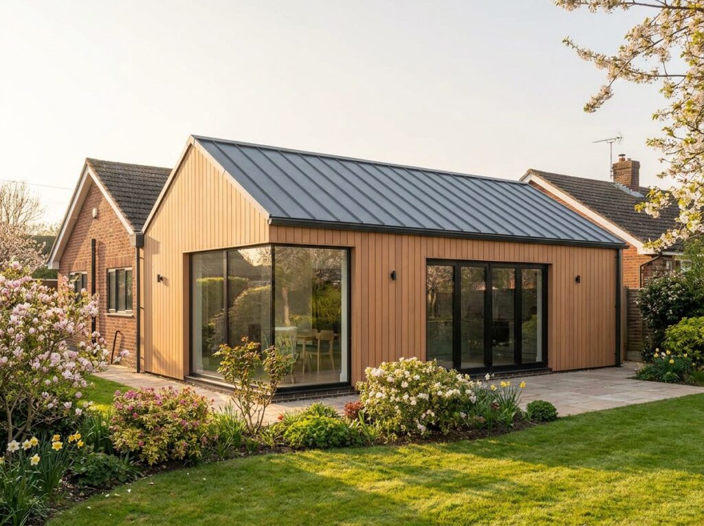 Timber-clad bungalow extension with standing-seam metal roof and large glazing